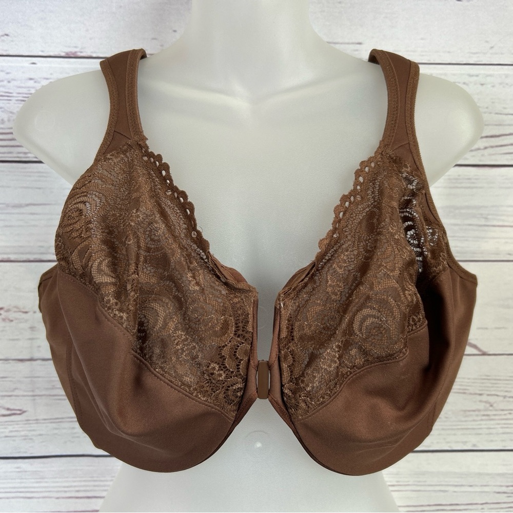 Glamorise Sz 44F Elegance Lace Front Close Underwire Bra Brown 1245 NWOT